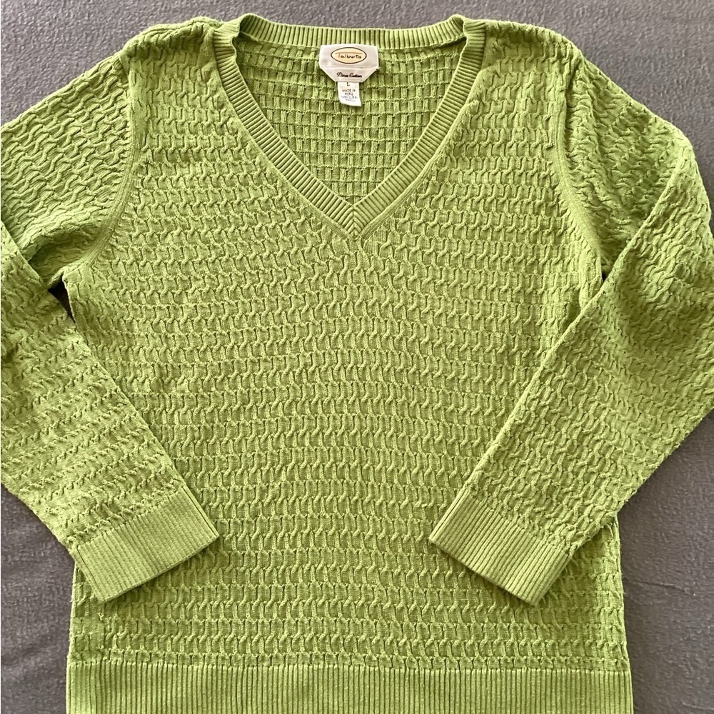 Talbots Woman's Green Pima Cotton V-neck Sweater - Size L